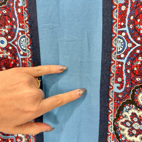 Farm Rio Blue Red White Paisley Collared Button Up Shirt Ruffle Mini Dress sz L - Picture 7 of 16